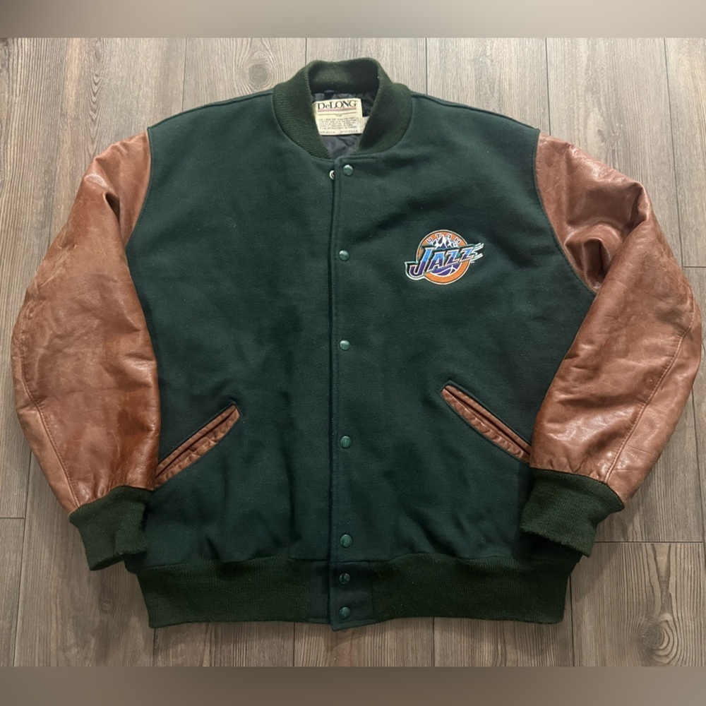 Vintage Utah Jazz DeLONG Varsity Jacket Leather Sleeves USA Made Large